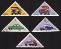 Soviet Cars & Trucks: GAZ-66, ZAZ-968, Volga, Etc - Complete Set of 5 Different (triangle Shaped)