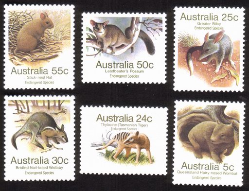 Wildlife: Tiger, Wombat, Opossum, Etc. - 6 Different Stamps