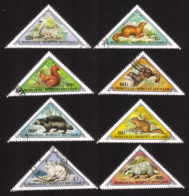 Fur-bearing Animals: Weasels, Squirrels, Etc. - Complete Set of 8 Different (Triangle Shaped)