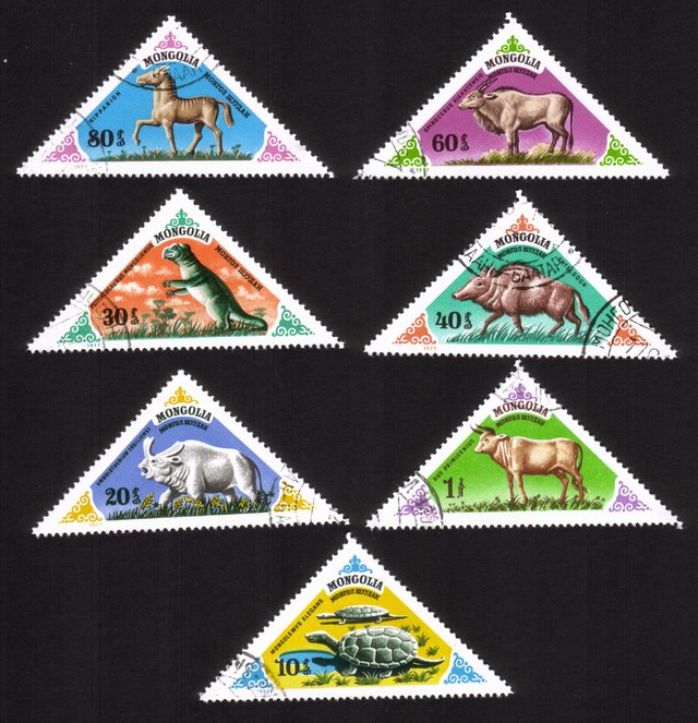 Prehistoric Animals: Dinosaurs, Swine, Etc. Complete Set of 7 Different (Triangle Shaped)