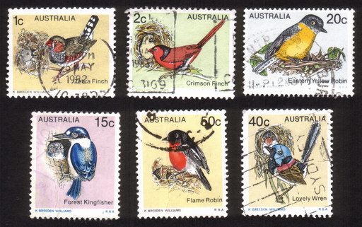 Australian Birds: Finch, Robin, Wren, Etc. - Complete Set of 6 Different (Used)