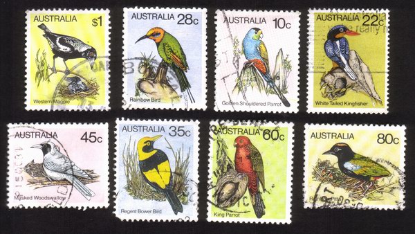 Australian Birds: Parrots, Magpie, Etc. - Complete Set of 8 Different