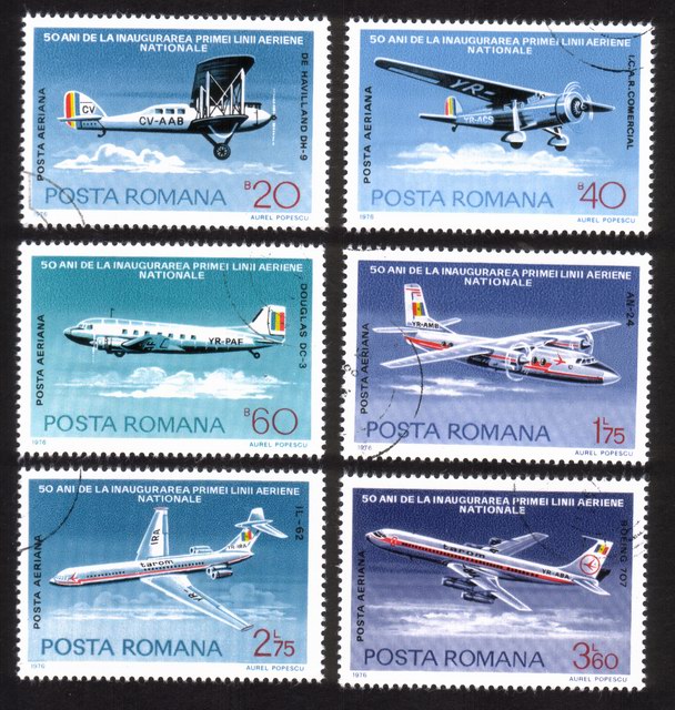 Airplanes: Douglas, Boeing, De Havilland, Etc. Complete Set of 6 Different Airmail Stamps