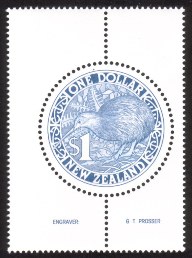 One Dollar Kiwi Bird - Round Stamp (Blue) With Surrounding Selvage