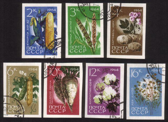 Farm Crops: Corn, Wheat, Beans, Beets, Cotton, Etc. - Complete Set of 7 Different (Imperforated)