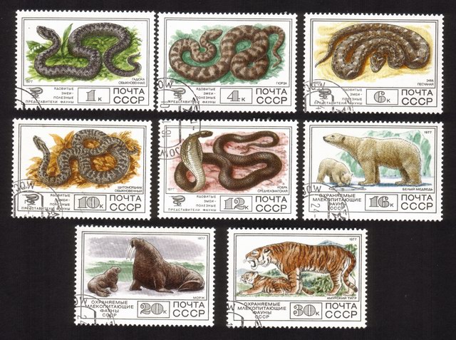 Protected Fauna: Snakes, Polar Bears, Walrus, Tiger, Etc. - Complete Set of 8 Different