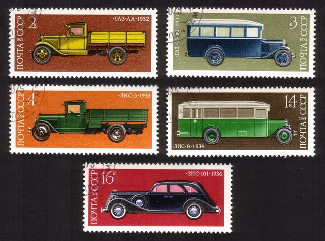 Soviet Cars & Trucks (1974): GAZ AA, GAZ 03-30 Bus, Zis 5, Etc. -  Complete Set of 5 Different