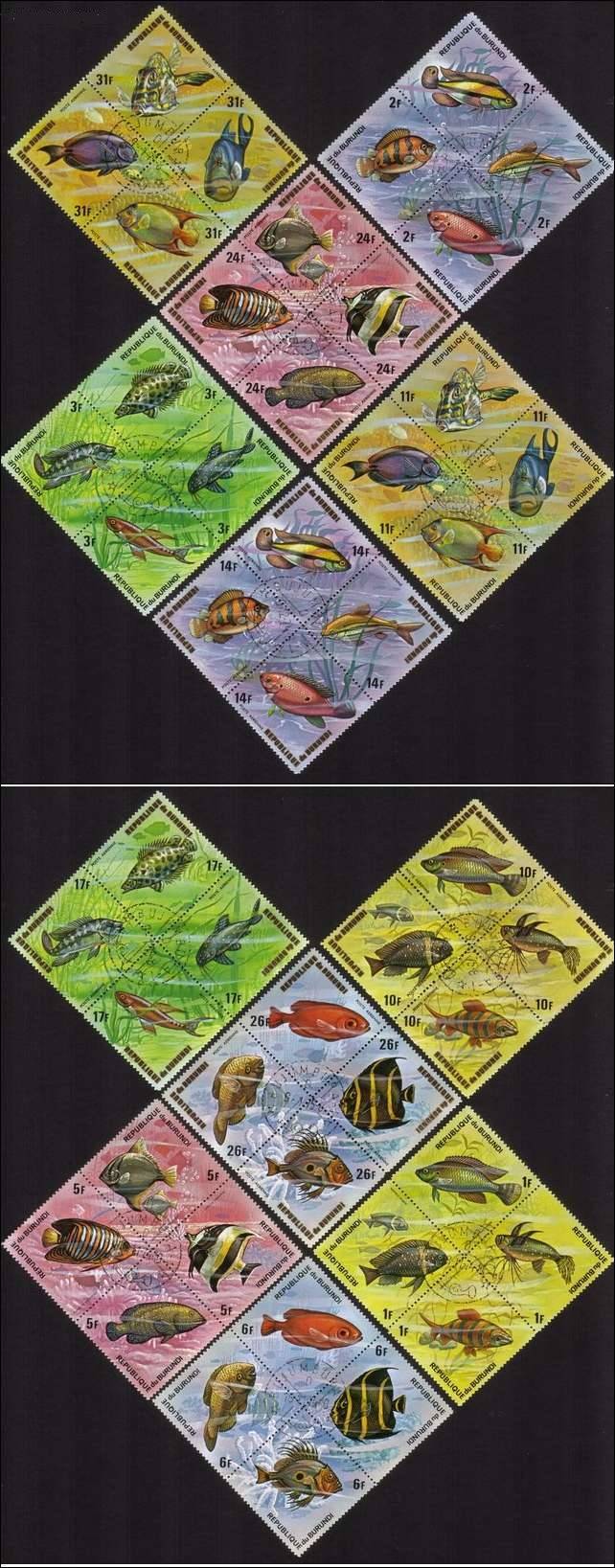 Fish: Pantodon Buchholzi, Tropheus Duboisi, Etc. - Complete Set of 48 Different (Diamond Shaped)