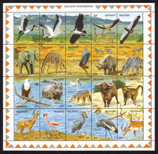 Wildlife At Waterhole: Stork, Pelican, Jackal, Baboon, Etc. - Complete Sheet of 20 Diff. (Folded)