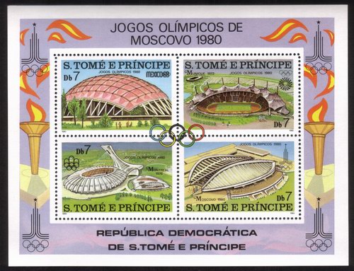 Olympic Venues: Mexico City, Munich Germany, Montreal Canada, Moscow Russia - Souvenir Sheet