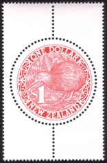  One Dollar Kiwi Bird - Round Stamp (Red) With 
Surrounding Selvage
