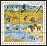 Wildlife At Waterhole: Stork, Pelican, Jackal, Baboon, Etc. - Complete Sheet of 20 Diff. (Folded)